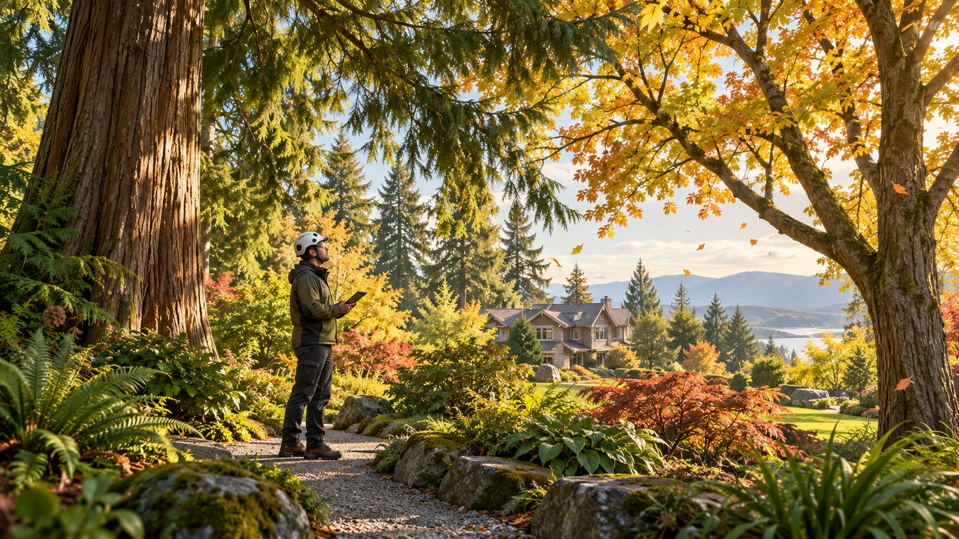 Editorial illustration of a tree assessment in a garden